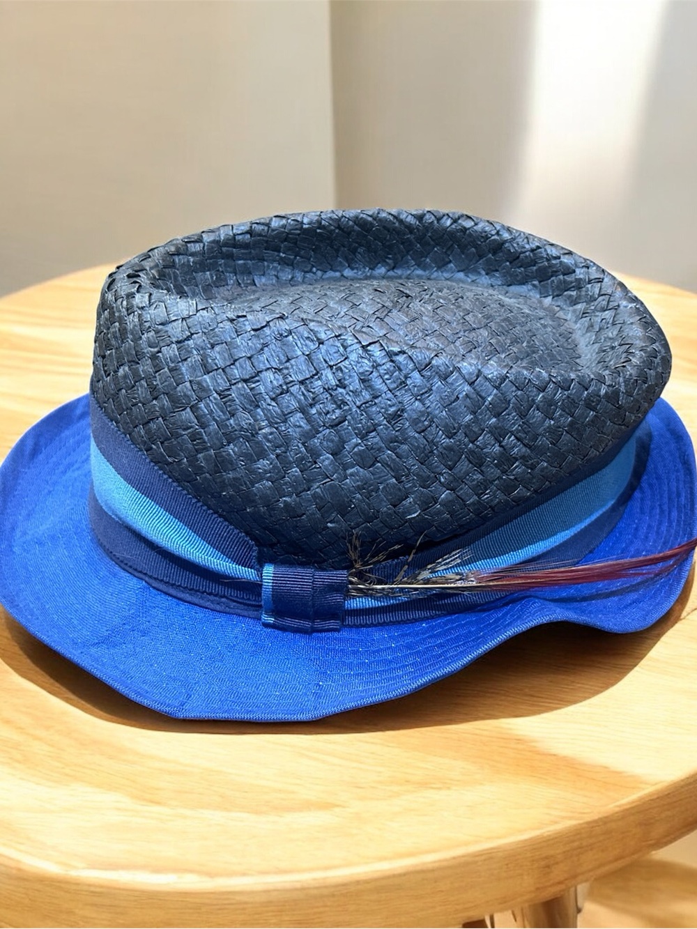 Le Chapeau Blue Two-Tone Straw Fedora with Feather Accent - Vintage Italian Made